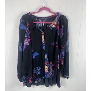 Free People Womens S Black Floral Top Oversized Button Front Fairy Whimisgoth